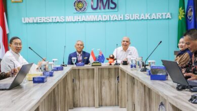 Suasana pertemuan resmi dan diskusi kerja sama di Universitas Muhammadiyah Surakarta UMS dengan latar bendera Indonesia dan Selandia Baru.