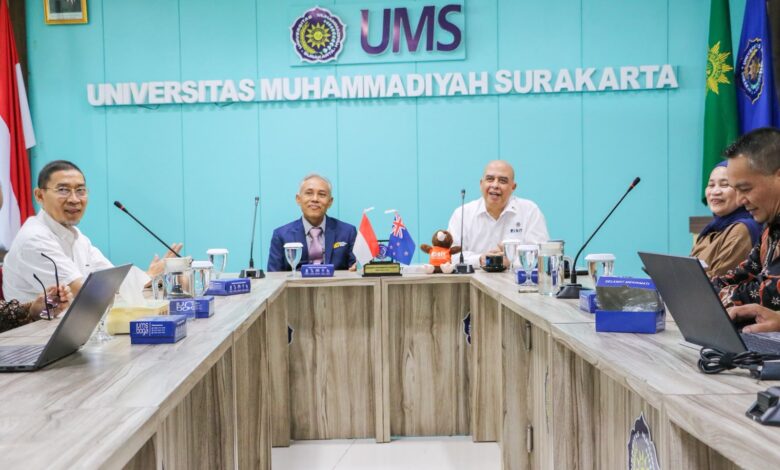 Suasana pertemuan resmi dan diskusi kerja sama di Universitas Muhammadiyah Surakarta UMS dengan latar bendera Indonesia dan Selandia Baru.