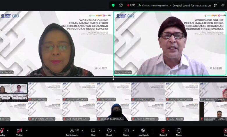Tangkapan layar dari lokakarya online Zoom UMP yang menampilkan Prof. Dian Agustia dan penceramah lain yang membahas strategi keberlanjutan keuangan PTS melalui manajemen risiko yang efektif.