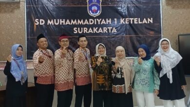 Tim riset UPI Bandung dan pihak SD Muhammadiyah 1 Surakarta saat tinjauan kurikulum koding dan sekolah dasar AI, serentak berfoto dengan pose jari 'love'.