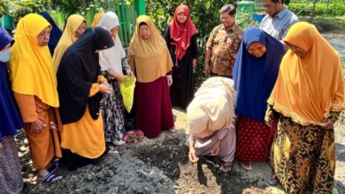 Praktik penanaman bibit tanaman obat keluarga oleh warga KWT dan PKK Desa Potronayan bersama tim pengabdi Farmasi UMS Boyolali
