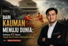 Poster perayaan 63 tahun Tapak Suci Putera Muhammadiyah dengan potret Nashrul Mu'minin, S.Pd., C.PW., serta visual sejarah Kauman dan visi global.