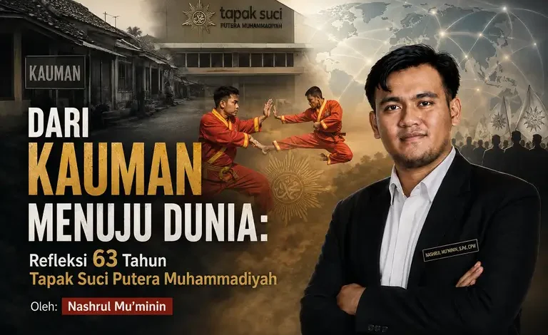 Poster perayaan 63 tahun Tapak Suci Putera Muhammadiyah dengan potret Nashrul Mu'minin, S.Pd., C.PW., serta visual sejarah Kauman dan visi global.