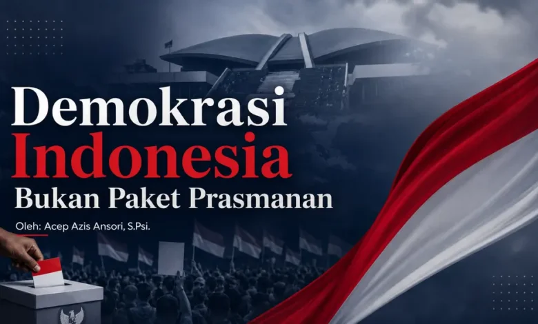 Ilustrasi Demokrasi Indonesia Bukan Paket Prasmanan dengan pria berjas hitam, bendera Merah Putih, gedung parlemen, kotak suara, dan kerumunan massa.