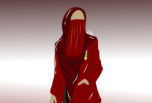 Ilustrasi kader IMMawati berhijab merah mengenakan jas almamater merah.