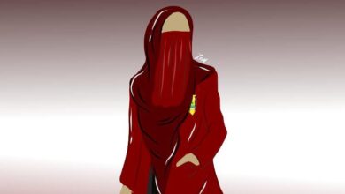 Ilustrasi kader IMMawati berhijab merah mengenakan jas almamater merah.