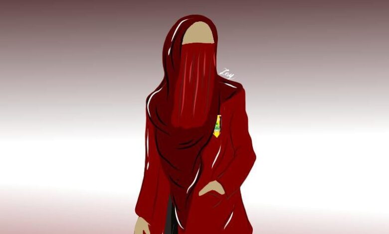 Ilustrasi kader IMMawati berhijab merah mengenakan jas almamater merah.