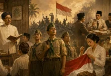 Ilustrasi peran Muhammadiyah dalam kemerdekaan Indonesia melalui pendidikan, Hizbul Wathan, perjuangan, dan perumusan negara.