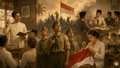 Ilustrasi peran Muhammadiyah dalam kemerdekaan Indonesia melalui pendidikan, Hizbul Wathan, perjuangan, dan perumusan negara.