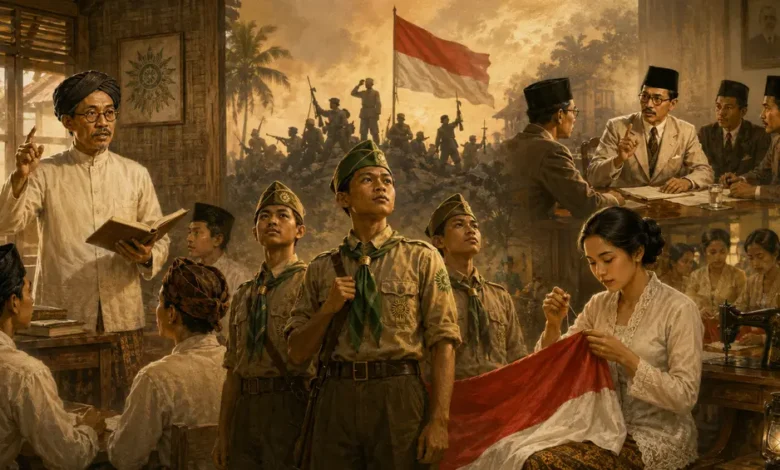 Ilustrasi peran Muhammadiyah dalam kemerdekaan Indonesia melalui pendidikan, Hizbul Wathan, perjuangan, dan perumusan negara.