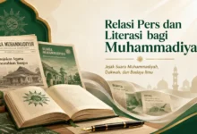 Ilustrasi pers dan literasi Muhammadiyah dengan Suara Muhammadiyah, buku, pena, dan simbol budaya ilmu.