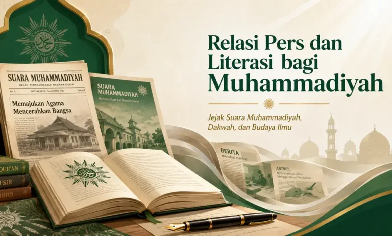 Ilustrasi pers dan literasi Muhammadiyah dengan Suara Muhammadiyah, buku, pena, dan simbol budaya ilmu.