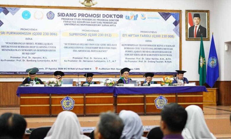Suasana Sidang Promosi Doktor FKIP UMS yang membahas penerapan deep learning dan AI dalam pendidikan di Auditorium Djazman UMS.