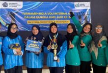 Tim bola voli putri FKIP UMS foto bersama membawa piala dan papan hadiah Juara 1 Turnamen Bola Voli Internal memperingati Hari Jadi UMS ke-68.