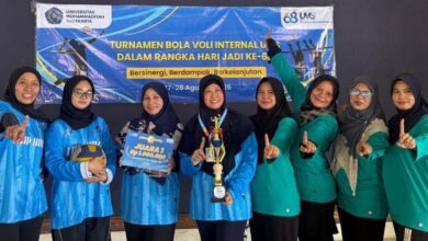 Tim bola voli putri FKIP UMS foto bersama membawa piala dan papan hadiah Juara 1 Turnamen Bola Voli Internal memperingati Hari Jadi UMS ke-68.
