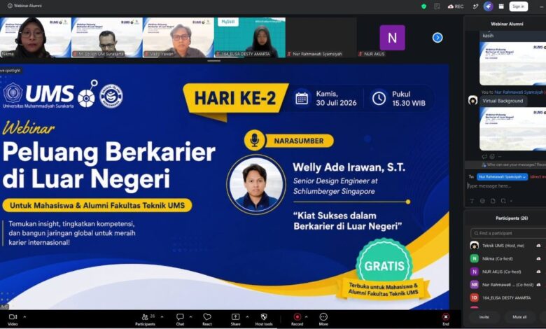 Tangkapan layar webinar Fakultas Teknik UMS tentang strategi merebut peluang kerja di luar negeri bersama narasumber alumni internasional.
