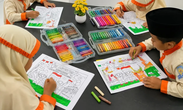 Siswa SD Bilingual Muhammadiyah 1 Purwodadi mengikuti lomba kemerdekaan anak SD dengan mewarnai gambar bertema HUT RI.