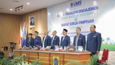 Jajaran Pimpinan Universitas Muhammadiyah Surakarta berdiri di atas panggung dalam Rapat Kerja Pimpinan (Rakerpim) UMS 2026 dan Rapat Tinjauan Manajemen 2025/2026.
