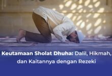 Seorang pria Muslim bersujud saat sholat dhuha di atas karpet masjid dengan pencahayaan alami.