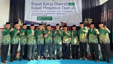 Jajaran pimpinan PDM Temanggung foto bersama dengan pose mengacungkan jempol di panggung Rakerda PDM Temanggung SMK Muhammadiyah 1.