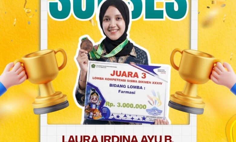 Laura Irdina Ayu B siswi SMK Muhammadiyah 1 Cilacap memegang sertifikat dan medali Juara 3 LKS Nasional 2026 Bidang Farmasi