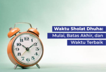 Ilustrasi jam weker oranye di samping teks penjelasan waktu sholat dhuha mulai dari jam berapa hingga batas akhir.