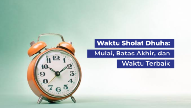 Ilustrasi jam weker oranye di samping teks penjelasan waktu sholat dhuha mulai dari jam berapa hingga batas akhir.