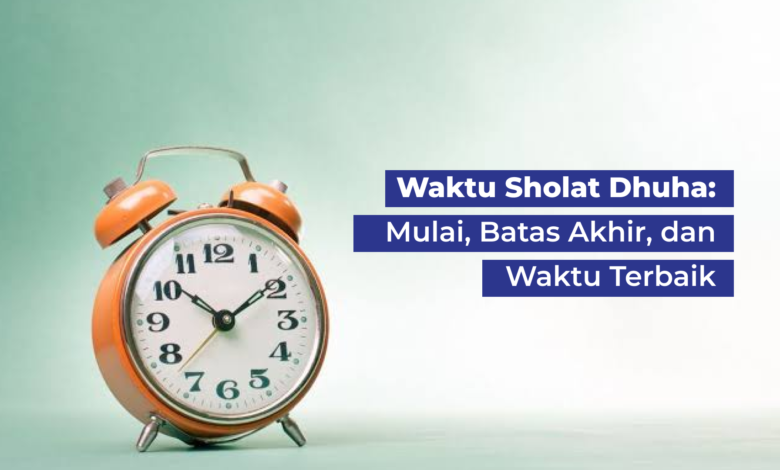 Ilustrasi jam weker oranye di samping teks penjelasan waktu sholat dhuha mulai dari jam berapa hingga batas akhir.