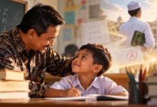 Guru mendampingi seorang anak belajar di kelas sebagai ilustrasi pentingnya melihat potensi anak di balik kesulitan belajar.
