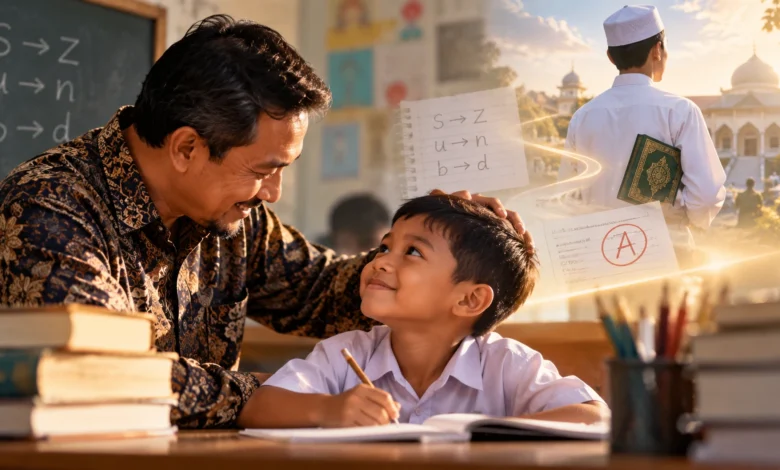 Guru mendampingi seorang anak belajar di kelas sebagai ilustrasi pentingnya melihat potensi anak di balik kesulitan belajar.