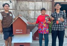 Mahasiswa KKN Unimus menyerahkan Rumah Burung Hantu (RUBUHA) dan buku panduan kepada warga Desa Sukorejo Grobogan untuk penanggulangan hama tikus.