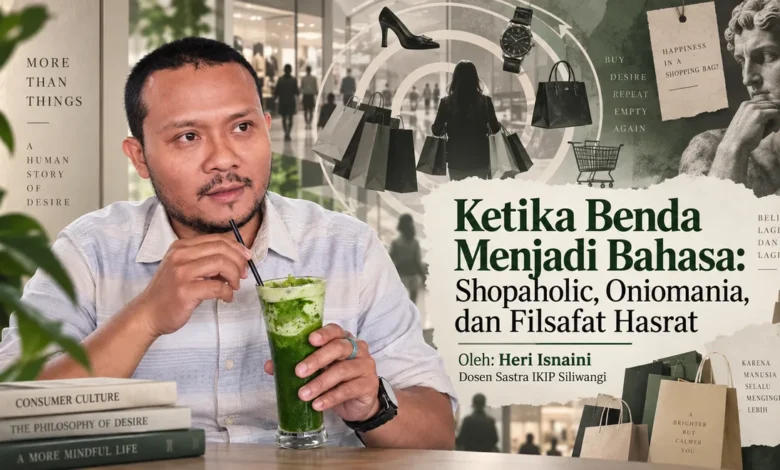 Feature image artikel opini tentang shopaholic dan oniomania yang membahas hubungan benda, hasrat, dan perilaku konsumtif manusia oleh Heri Isnaini.
