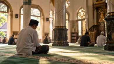 Jamaah duduk tenang di dalam masjid usai salat sebagai ilustrasi khutbah Jumat tentang ikhlas dan keikhlasan dalam beramal.