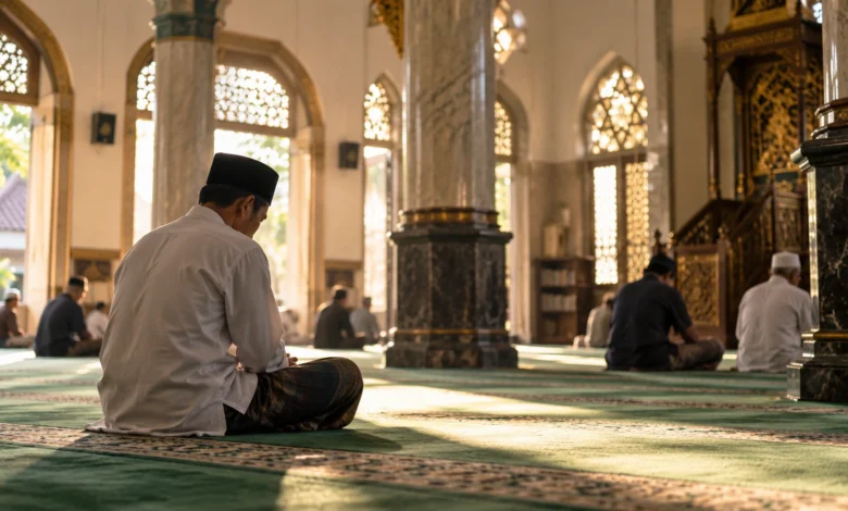 Jamaah duduk tenang di dalam masjid usai salat sebagai ilustrasi khutbah Jumat tentang ikhlas dan keikhlasan dalam beramal.