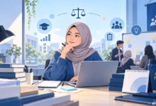 Ilustrasi mahasiswa menyeimbangkan kuliah dan organisasi dengan laptop, buku, serta aktivitas diskusi tim.