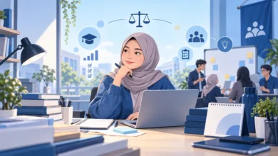 Ilustrasi mahasiswa menyeimbangkan kuliah dan organisasi dengan laptop, buku, serta aktivitas diskusi tim.