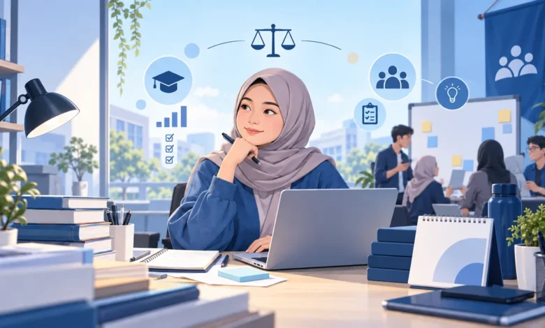 Ilustrasi mahasiswa menyeimbangkan kuliah dan organisasi dengan laptop, buku, serta aktivitas diskusi tim.