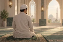 Ilustrasi seorang muslim duduk setelah salat dan menoleh ke kanan saat mengucapkan salam di dalam masjid.