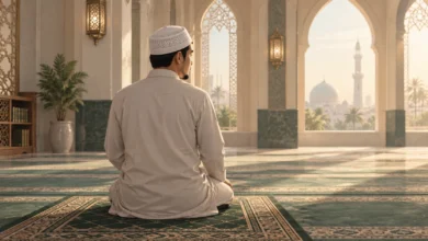 Ilustrasi seorang muslim duduk setelah salat dan menoleh ke kanan saat mengucapkan salam di dalam masjid.
