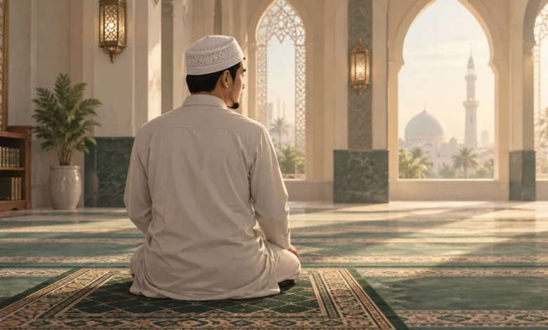 Ilustrasi seorang muslim duduk setelah salat dan menoleh ke kanan saat mengucapkan salam di dalam masjid.