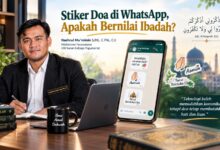Ilustrasi artikel stiker doa di WhatsApp dengan penulis, tampilan percakapan berisi ucapan Innalillahi, Aamiin, dan turut berduka cita.