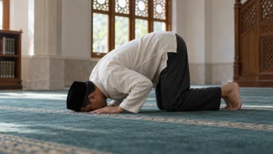 Seorang pria berpeci hitam bersujud di atas karpet biru dalam masjid yang diterangi cahaya alami dari jendela.