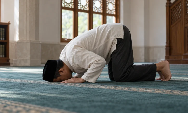Seorang pria berpeci hitam bersujud di atas karpet biru dalam masjid yang diterangi cahaya alami dari jendela.