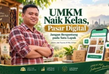 Ir. Joko Triyanto dalam feature image artikel UMKM naik kelas dan pasar digital dengan ilustrasi marketplace, produk UMKM, dan transformasi digital.