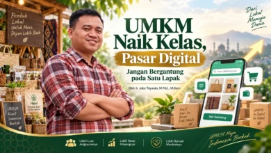 Ir. Joko Triyanto dalam feature image artikel UMKM naik kelas dan pasar digital dengan ilustrasi marketplace, produk UMKM, dan transformasi digital.