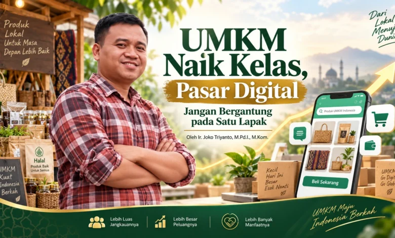 Ir. Joko Triyanto dalam feature image artikel UMKM naik kelas dan pasar digital dengan ilustrasi marketplace, produk UMKM, dan transformasi digital.