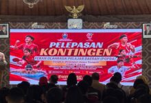 Layar videotron acara pelepasan kontingen Temanggung untuk ajang POPDA Jateng 2026 di Pendopo Pengayoman.