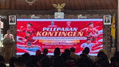 Layar videotron acara pelepasan kontingen Temanggung untuk ajang POPDA Jateng 2026 di Pendopo Pengayoman.