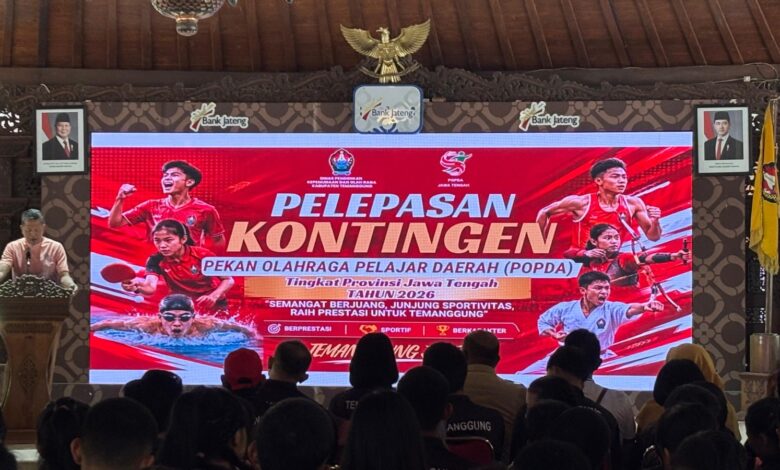 Layar videotron acara pelepasan kontingen Temanggung untuk ajang POPDA Jateng 2026 di Pendopo Pengayoman.