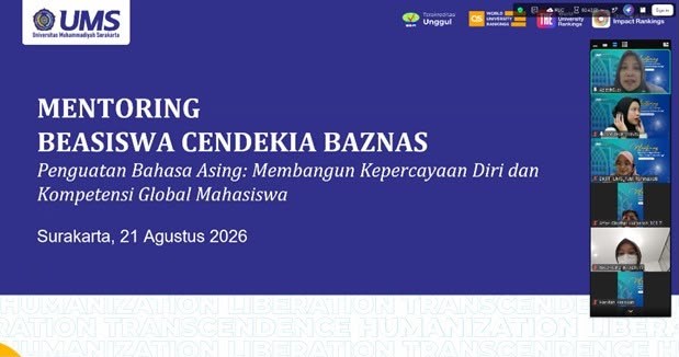 Tangkapan layar acara mentoring beasiswa BAZNAS UMS bertema penguatan bahasa asing via Zoom Meeting.